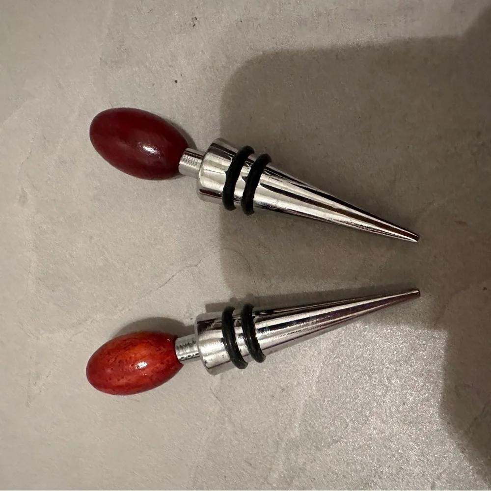 2 ct Wood and Chrome Wine Bottle Stoppers 4.25” Reusable Double Ring Champagne
